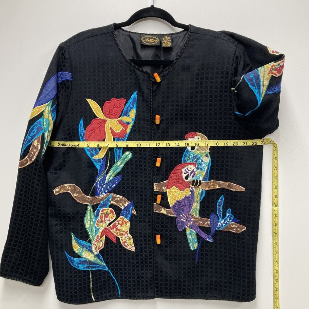 Allure Black Jacket, Size Large, Embroidered Applique‎ Tropical Birds Flowers - Picture 10 of 14